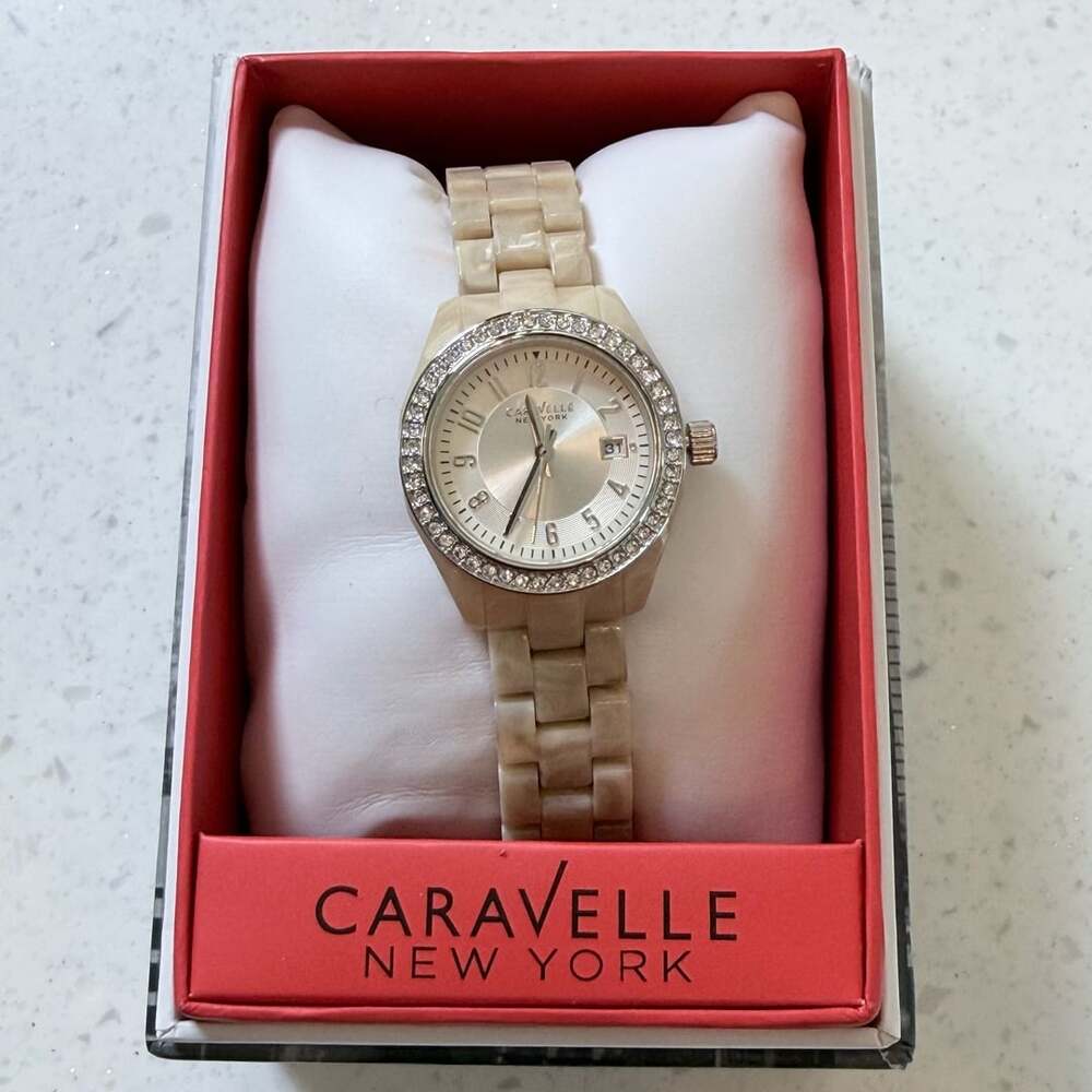 Caravelle New York Women's Beige Resin Watch with Crystal Bezel